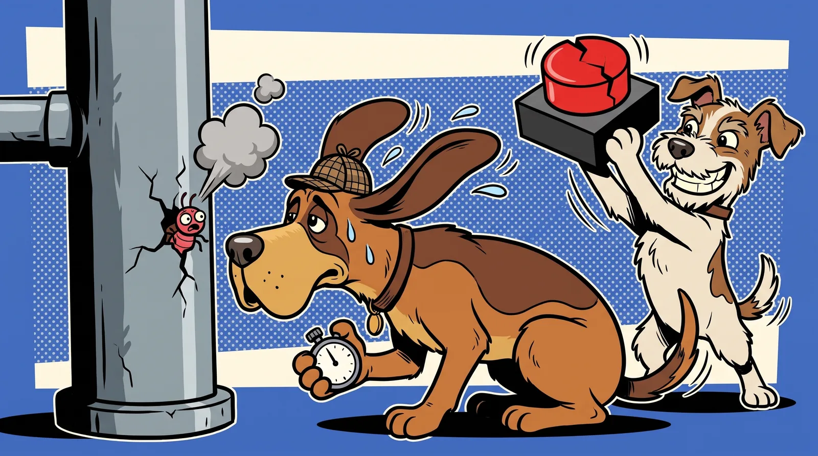 Cartoon bloodhound with a stopwatch sniffs a smoking pipe hiding a bug while a terrier holds up a cracked button